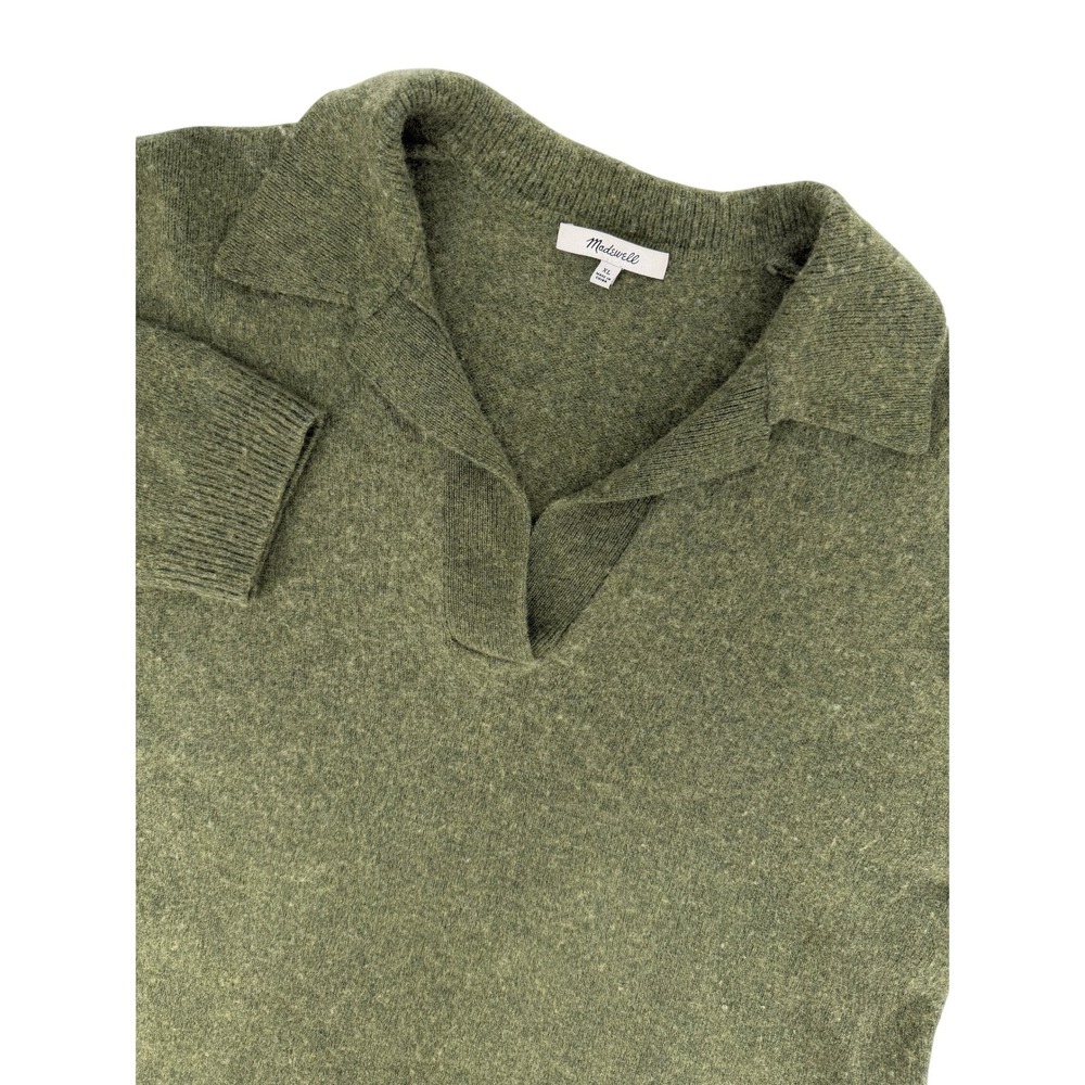 Madewell Womens XL Olive Green Merino Wool Blend Polo V-Neck Sweater 3/4 Sleeve